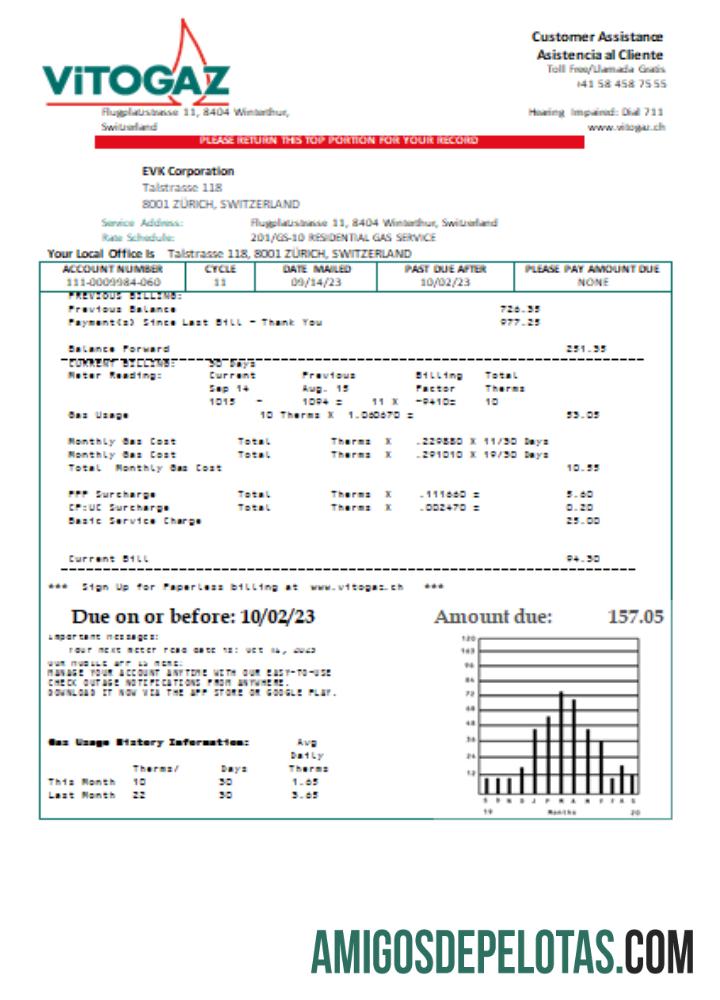 Vitogaz Switzerland AG Conta de negócios de serviços públicos SCR amostra